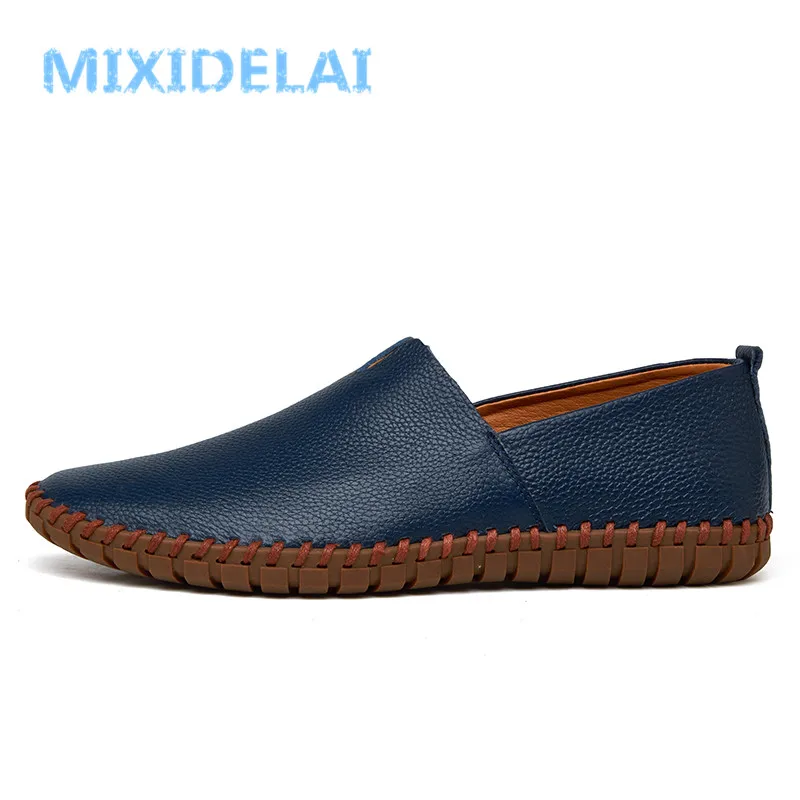 MIXIDELAI Genuine Cow leather Mens Loafers Fashion Handmade Moccasins Soft Leather Blue Slip On Men's Boat Shoe PLUS SIZE 38~48