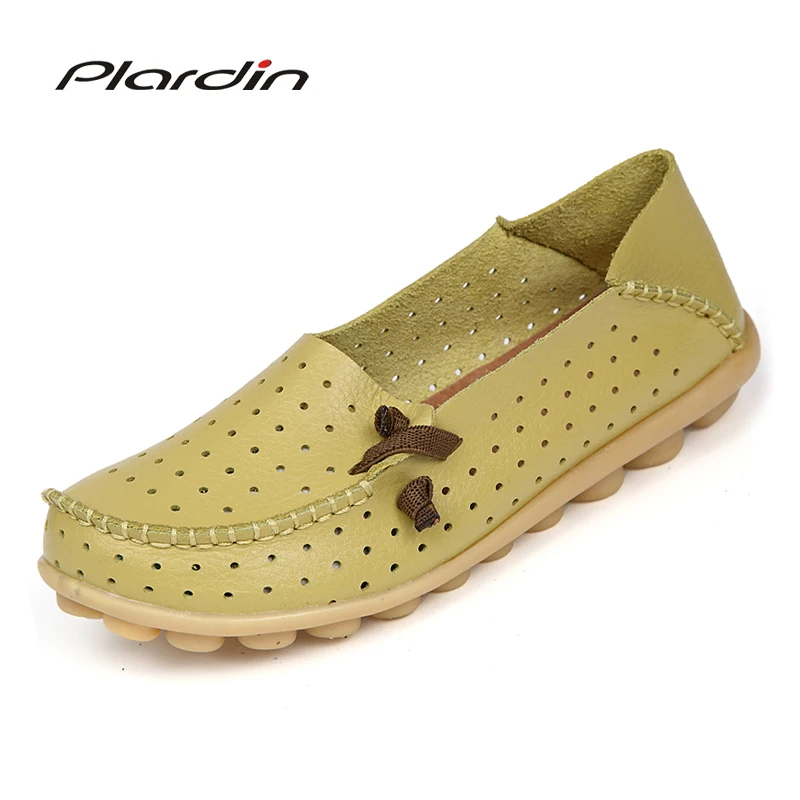 

plardin Women 2019 Summer lace up Casual Shoes Women Flat Heel Cow Muscle Outsole Flat soft Women cutouts Genuine Leather Shoes