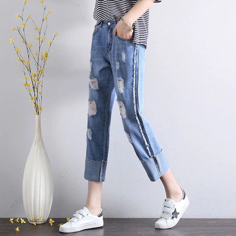 

Women's Ripped Jeans Trousers Loose Casual Female Boy Friend Style Denim Blue Pants Femme Pantalon Hole Soft Pants 2018 Capris