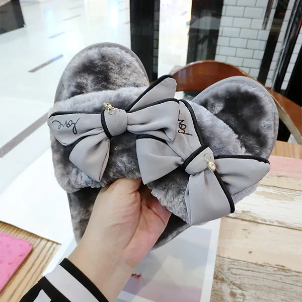

fashion bowtie winter slippers with feathers women luxury design fur slides girls pink fur flip flops warm plush flower sandals