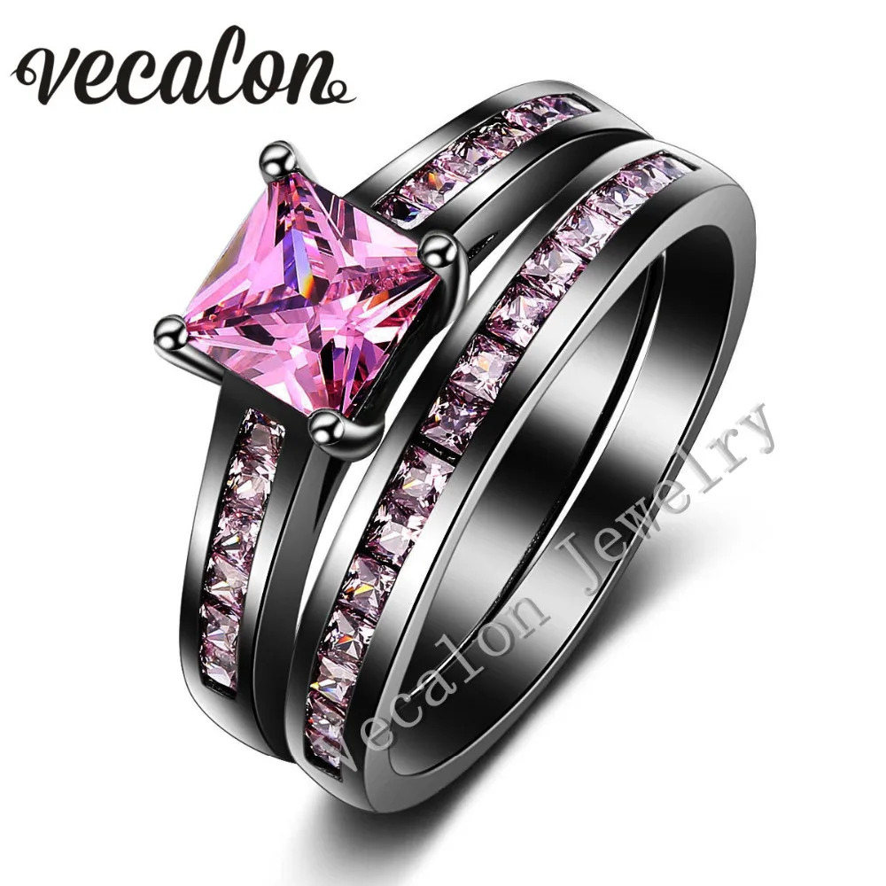 vecalon women wedding band ring set pink stone aaaaa zircon cz 10kt black gold filled engagement - Black Gold Wedding Ring Sets vecalon women wedding band ring set pink stone aaaaa zircon cz 10kt black gold filled engagement - Black Gold Wedding Ring Sets