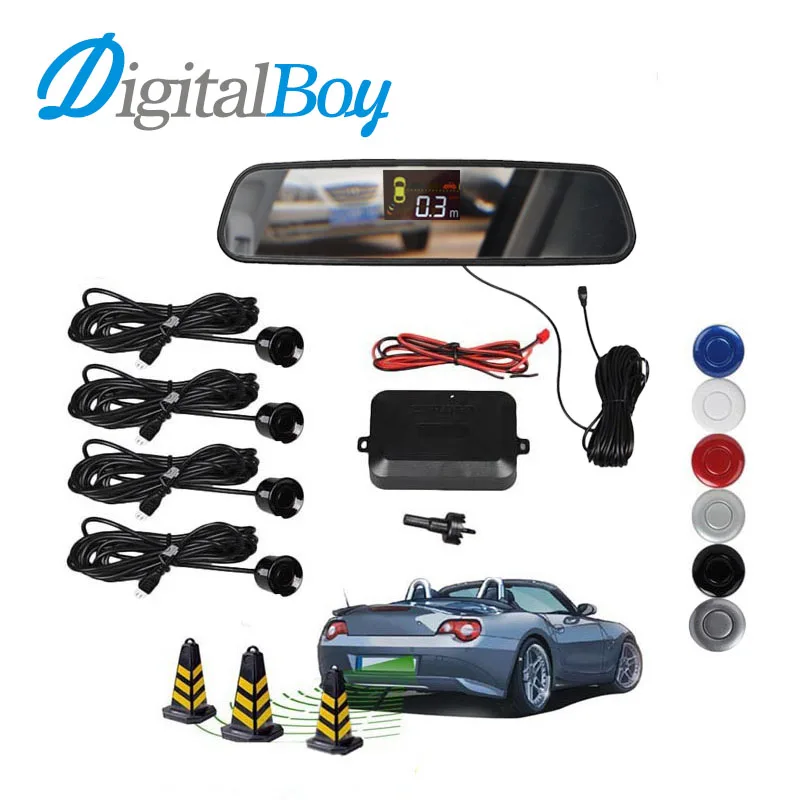 

Car Rearview Mirror LCD Auto Parking Sensor Reverse Backup kit Parking Assist System with 4 Sensors Reversing Safety Bi-Bi Alert