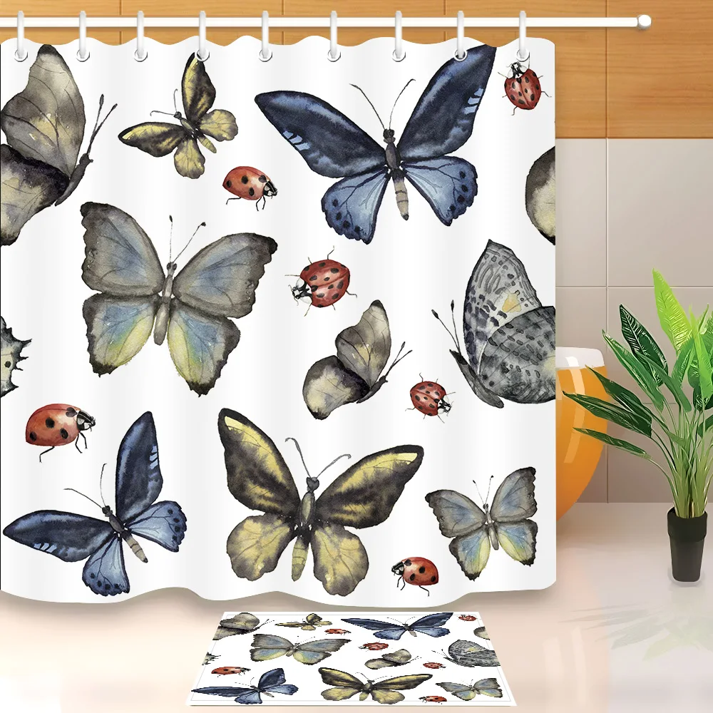 

LB 72'' Watercolor Butterfly And Ladybug White Shower Curtains Bathroom Curtain Fabric Polyester With Mat Set for Bathtub Decor