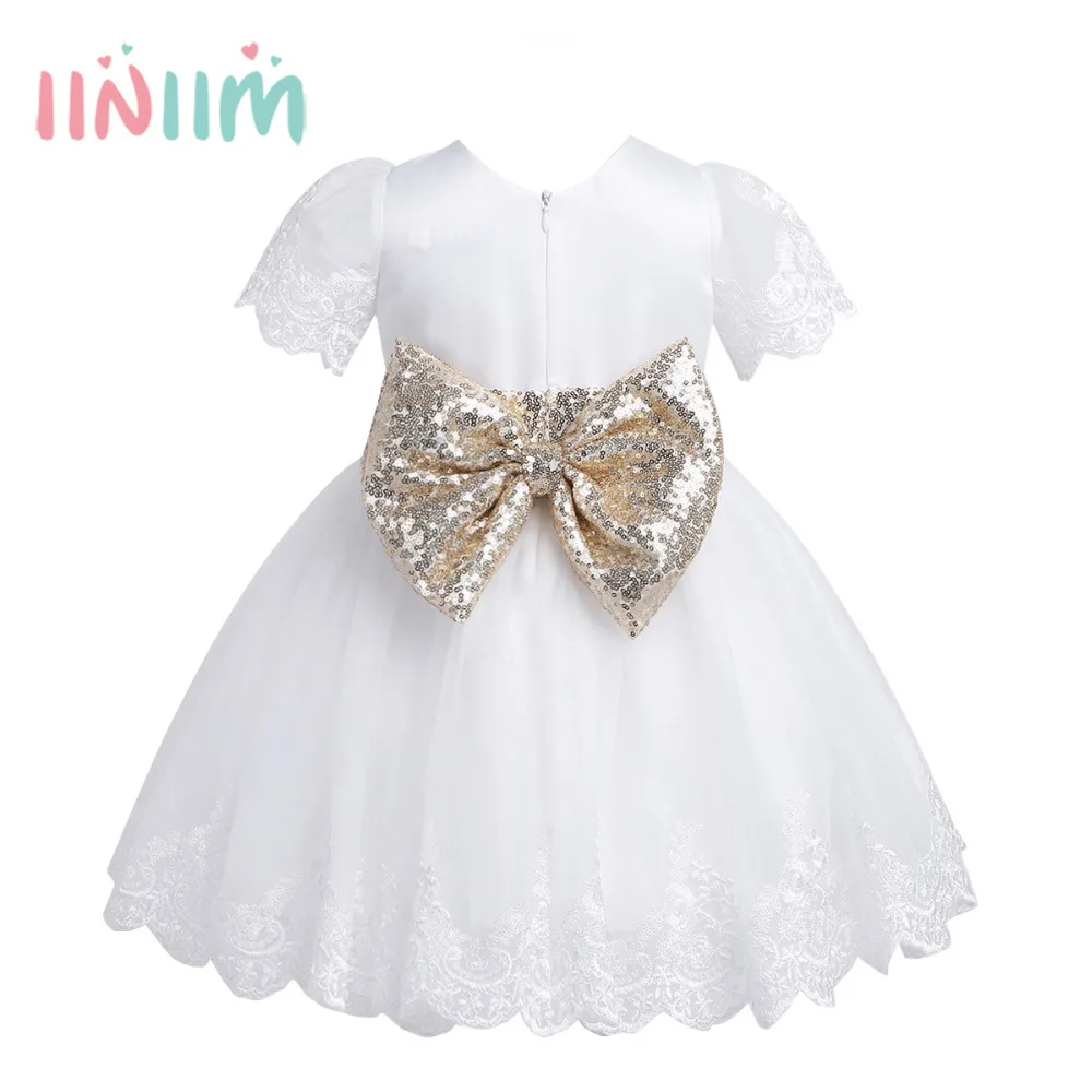 

Infantil Baby Girls Embroidered Short Sleeves Sequined Bowknot Girl Dress Princess Pageant Wedding Birthday Party Baby Clothes