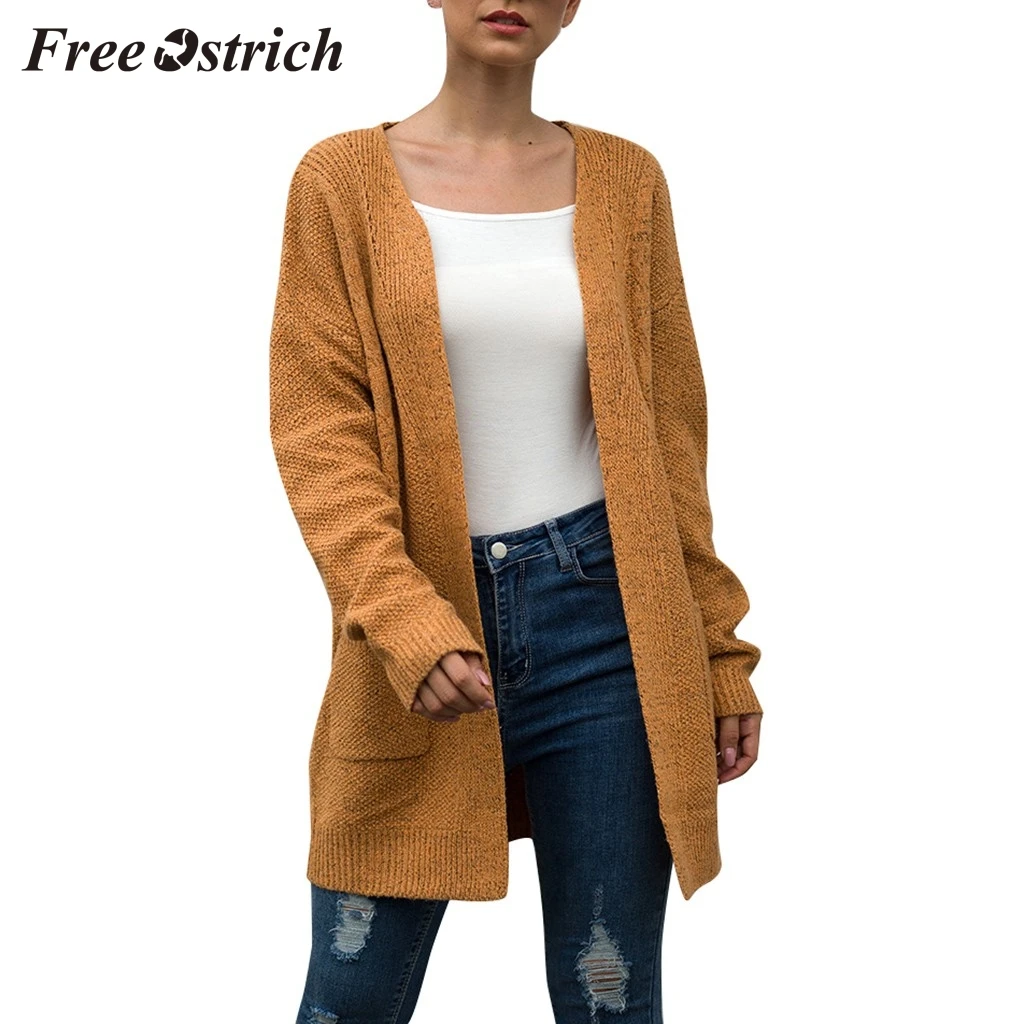 

FREE OSTRICH Women's solid color long-sleeved pocket knit sweater cardigan large size twist loose fashion comfortable sweater