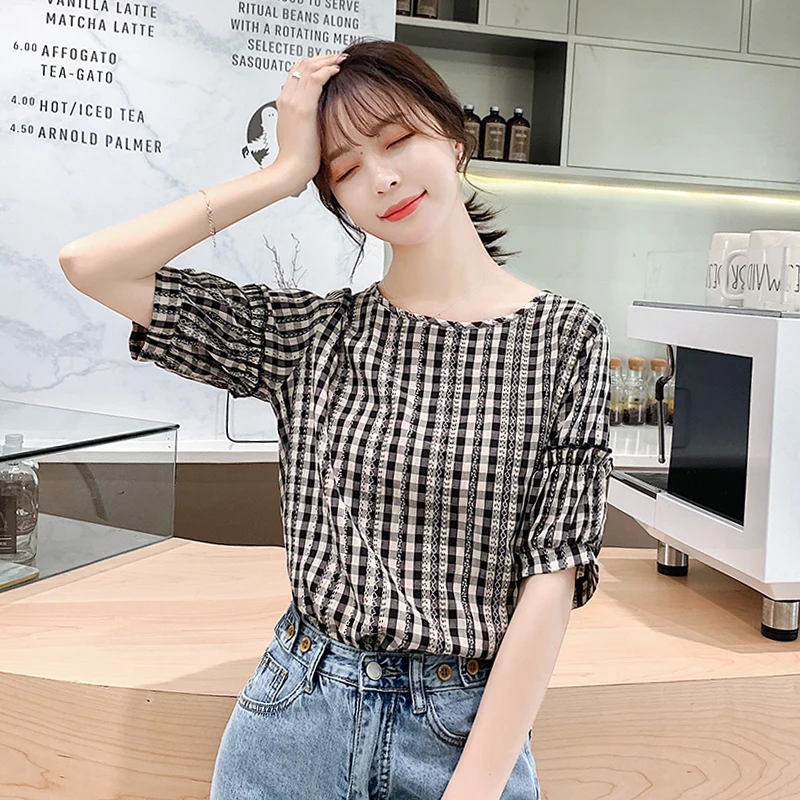  New Cute Women Shirts Plaid Short Sleeve Chiffon O-Neck Small Blouse Shirt Grey It All 588