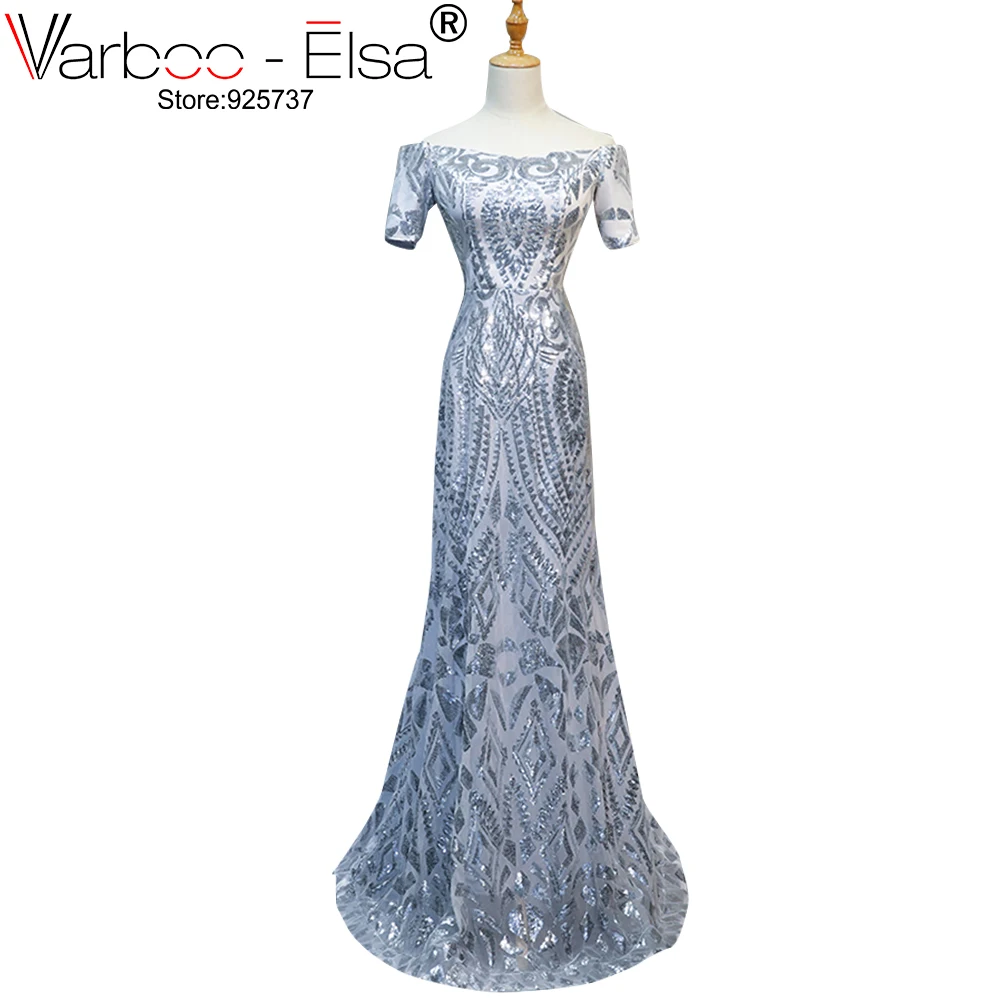 VARBOO_ELSA Sliver 2021 Prom Dresses Straight Short Sleeves Off The Shoulder Party Long Gown Evening Robe De Soiree | Свадьбы и