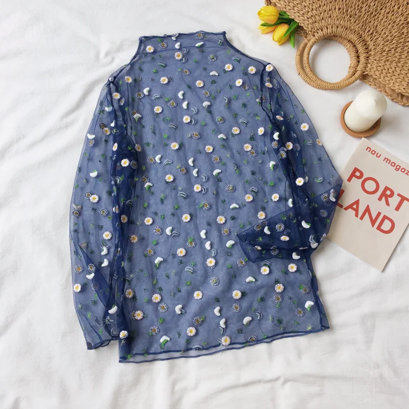 

Sweet Women Long Sleeve Mesh T-shirts Summer Flower Embroidery Thin Mesh Tops Woman Long Sleeve Embroidery Tulle T-shirts