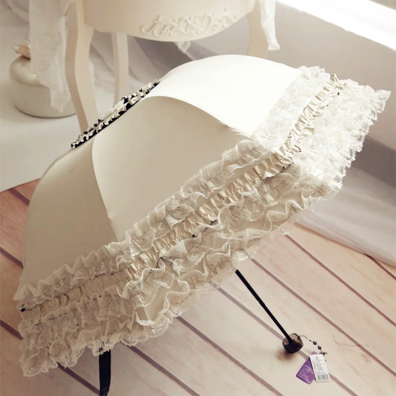

Umbrellas Women Lace Umbrella Dance Parasol Sun Umbrella Black Coating UV Protection Folding Three-folding Umbrella Girls YM014