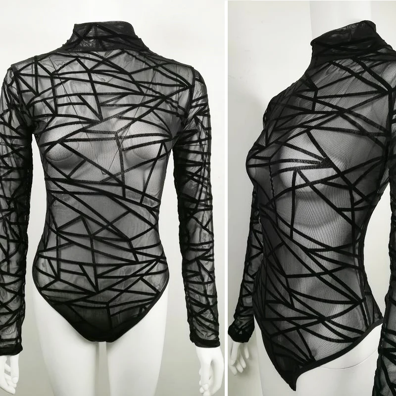 ADEWEL Black Mesh Geometric Velvet Woman Bodysuit Long Sleeve Ladies Rompers Lace Bodysuit Top Macacao Body Feminino Jumpsuit