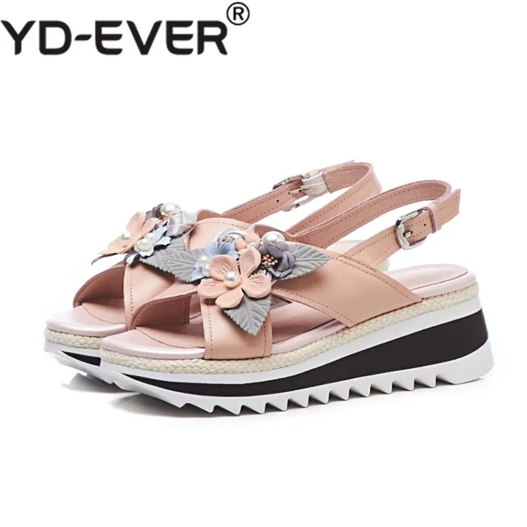 

2019 women sandals cow leather pink color Gladiator pearls open toe wedges high heels pumps casual sandals party