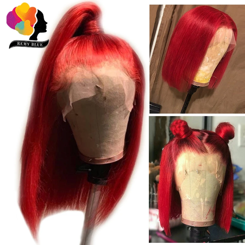 Remyblue 13X4 Короткие парики из человеческих волос с кружевом спереди T1B 99J Омбре красное вино цветной парик бразильские прямые волосы Реми 150% Плотность