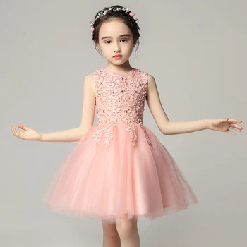 

Flower Girls Mini Dresses For Party And Wedding Sleeveless Baby Costume Pageant Lace Applique Beads Communion Mesh gown