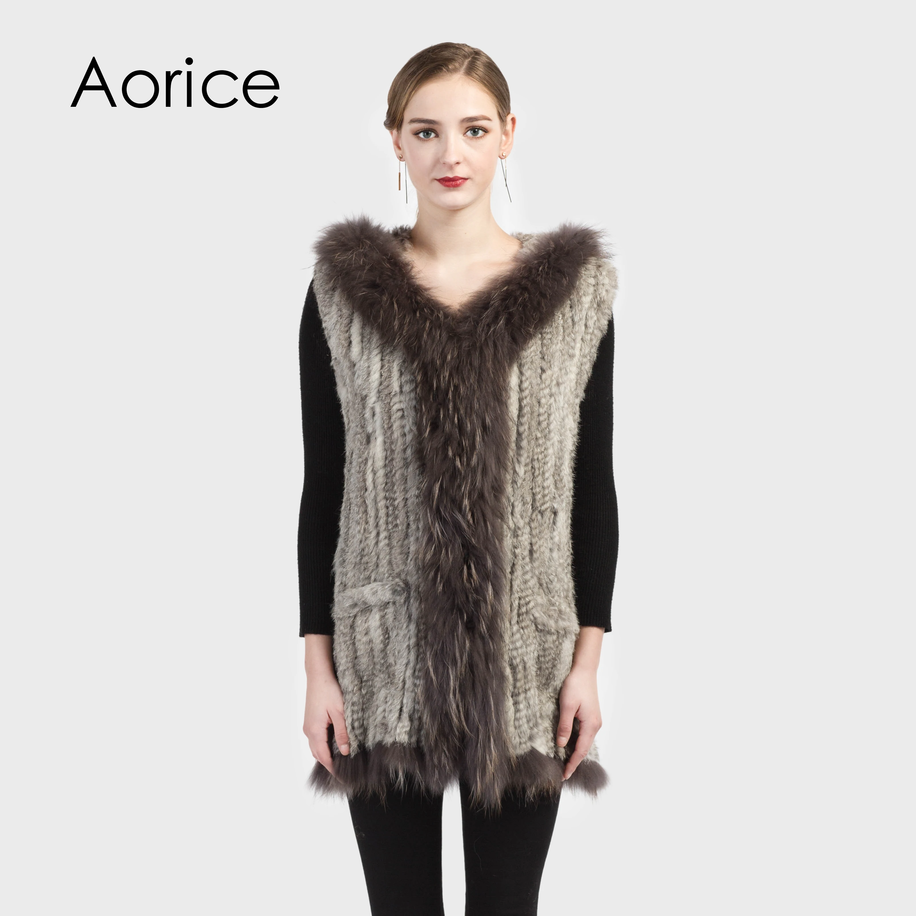 

VR018 Genuine Knitted Rabbit Fur Vest with Raccoon Fur Hoody Winter long Vest