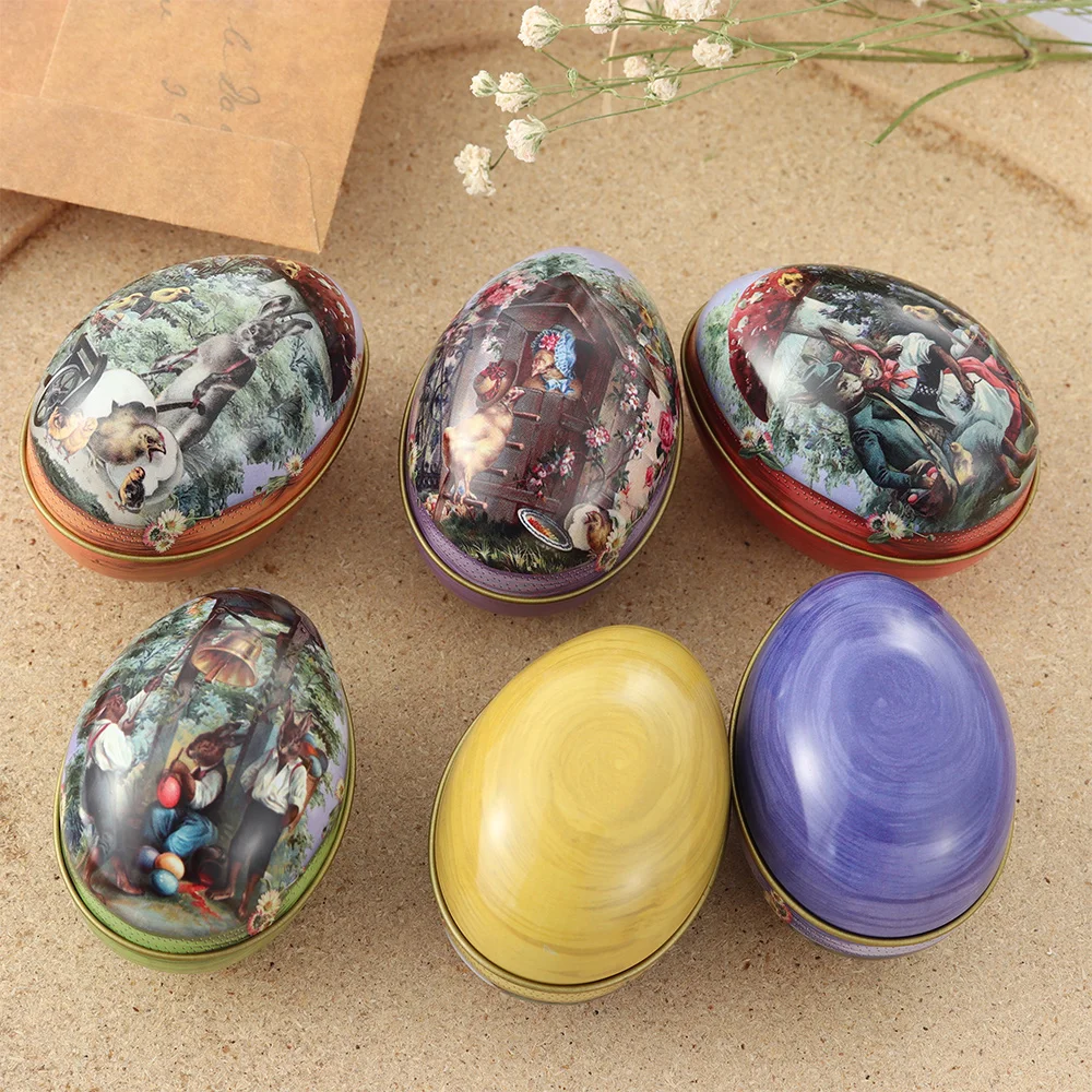 

1PC Mini Easter Egg Painted Eggshel Tin Boxes Pills Case Candy Sugar Box Wedding Candy Can Jewelry Party Accessory