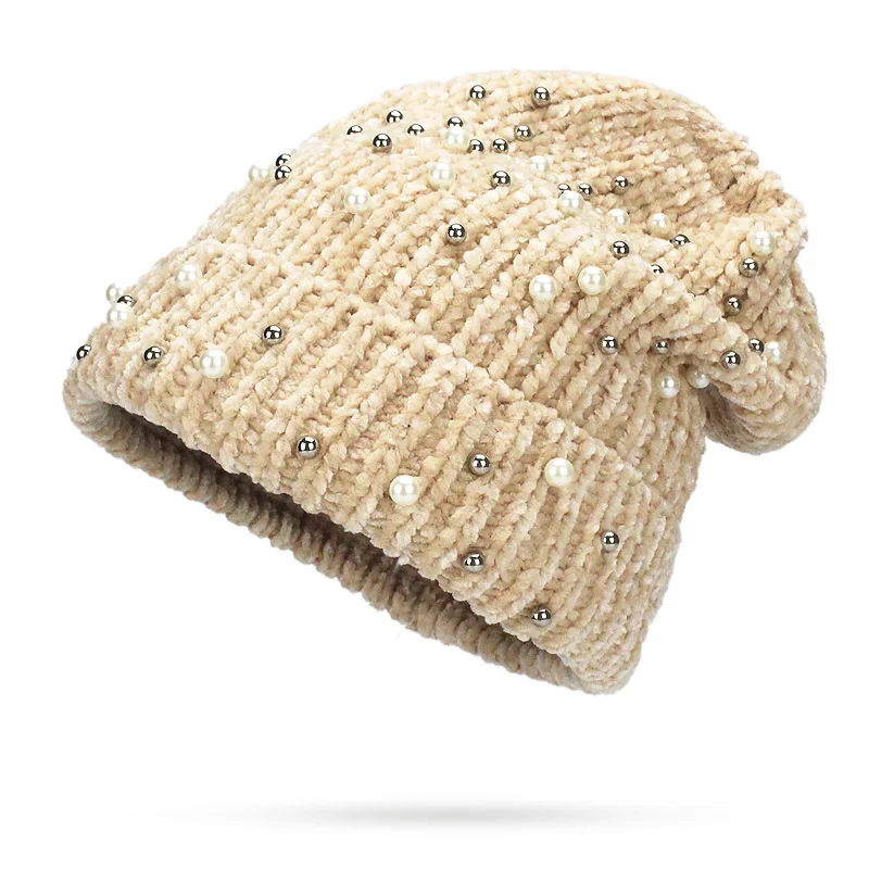 Дамы Перл вязаная шапка осенние зимние шапки-бини девочек Шапки Skullies Для женщин шляпу капот лыж Hat Женский шапка-кепка для Для женщин - Цвет: A