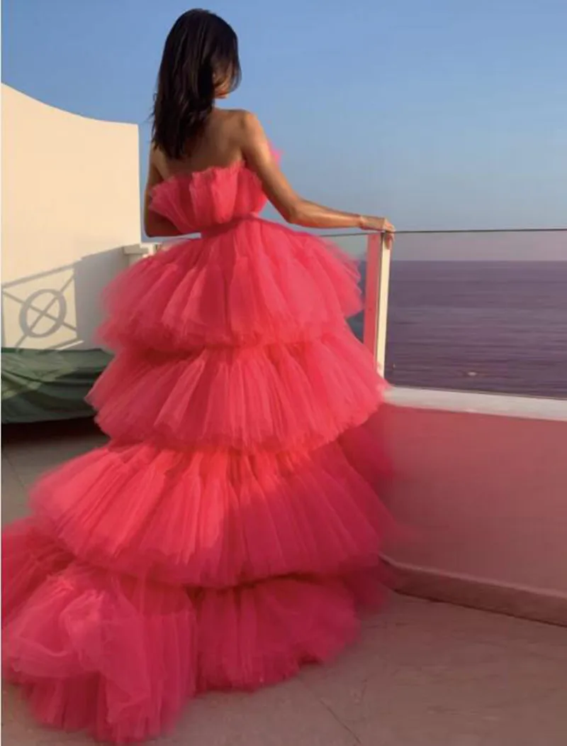 Robe de soiree, милые розовые вечерние платья с длинным шлейфом, вечерние платья, пышные тюлевые шикарные многоуровневые платья с оборками для выпускного вечера