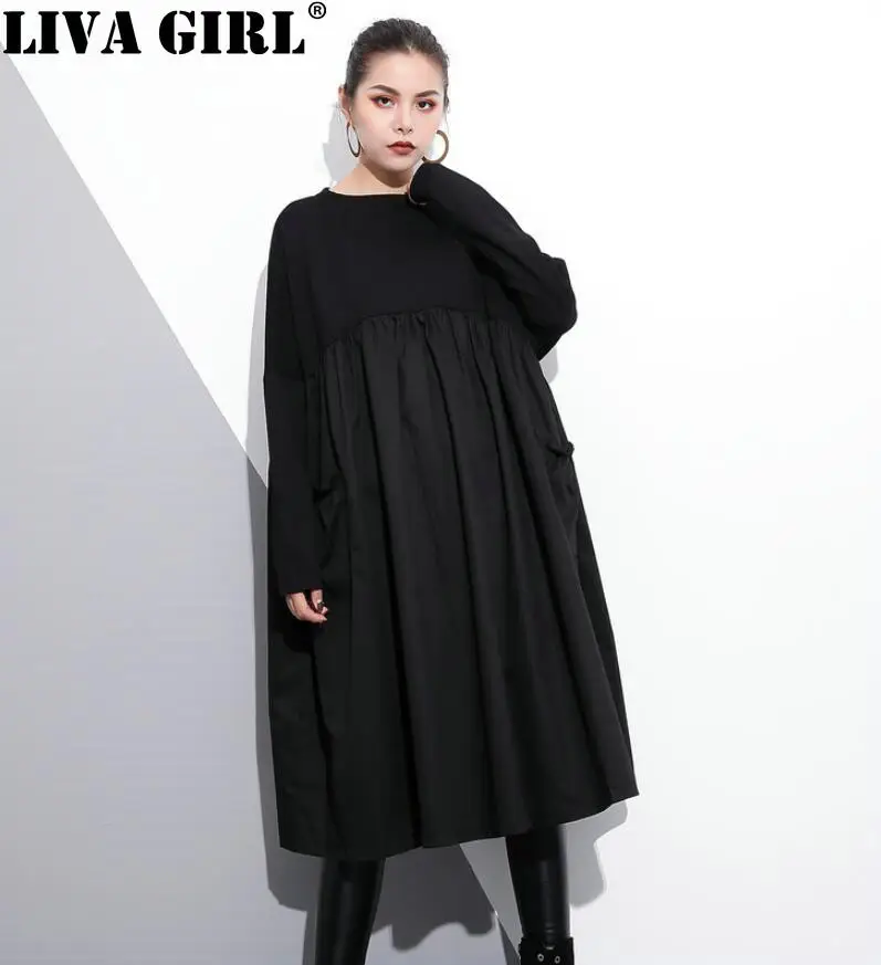 

LIVA GIRL New Autumn Round Neck Long Sleeve Black Big Size Pockets Fold Split Joint Big Size Dress Women Fashion Tide