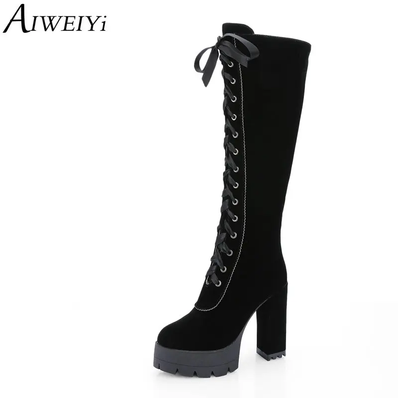 AIWEIYi Lace Up Knee High Boots Women Punk Style Boots Women High Heel
