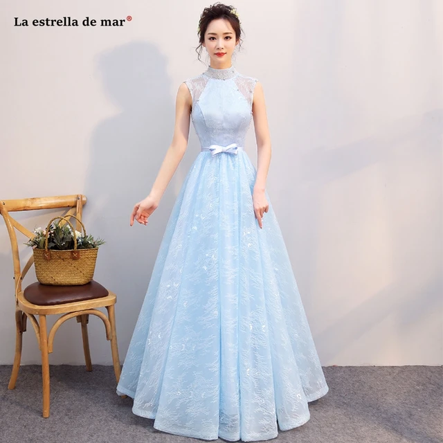 Robe Demoie D Honneur2018 High Neck Lace A L Ine Light Blue Robe Demoie D Honneur2018 High Neck Lace A L Ine Light Blue Bridesmaid Dresses Long