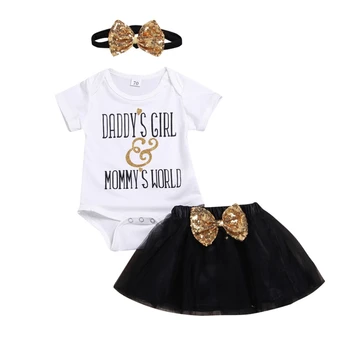 

Summer Baby Girl Casual Short Sleeve Letter Print Romper Tops Mesh Skirt With Headband Outfits Set