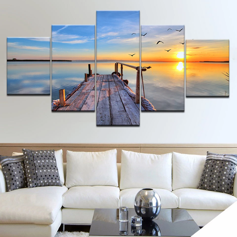 

Canvas HD Prints Pictures Living Room Decor 5 Pieces Seagull Sea View Tableau Paintings Bridge Poster Modular Wall Art Framework