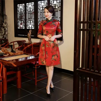 

Shanghai Story Red Chinese Dress Vietnam ao dai Chinese traditional dress Half Sleeve cheongsam dress Knee Length Qipao Dresses