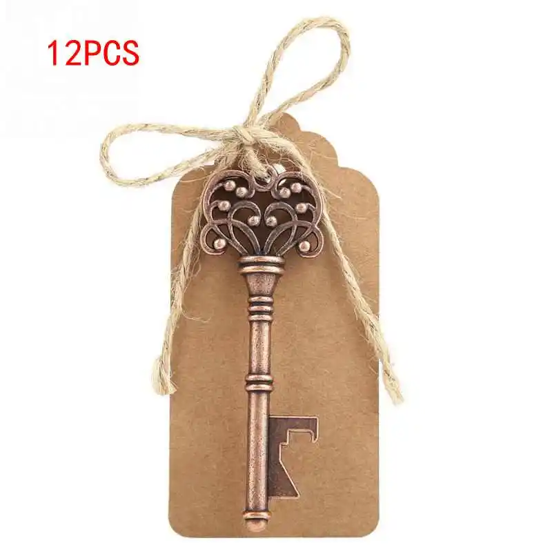 

12pcs Vintage Key Shape Bottle Opener Alloy Key Ring Copper Keychain with Tags gift on all kinds of wedding styles, party favors