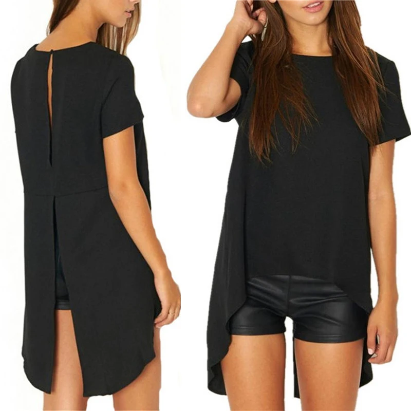

Women Shirt with Swallowtail Design Summer Style Classic Black Color Short Sleeve Blouse Tops