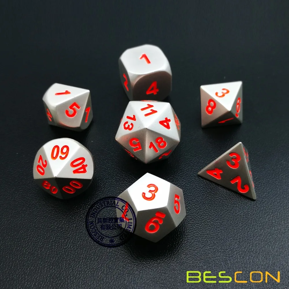 Bescon 7 шт. набор твердых металлических многогранных D& D игральных костей, набор матовых серебряных с оранжевыми цифрами, металлические ролевые игры, Набор Игральных кубиков