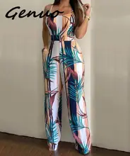 Genuo Women Spaghetti Strap Leaf Print Wide Leg Bodycon Jumpsuit Sleeveless Streetwear Fashion Summer Bohemain Style Jumpsuits fashionable ethnic style print spaghetti strap jumpsuit for women