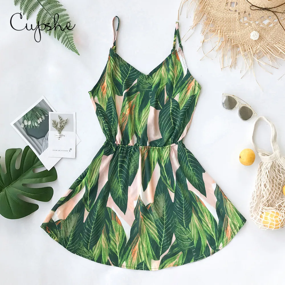 CUPSHE Women Tropical Leaf Print V neck Mini Dress 2019 New Beach Summer Slim Straps Slip Sundresss Vestido