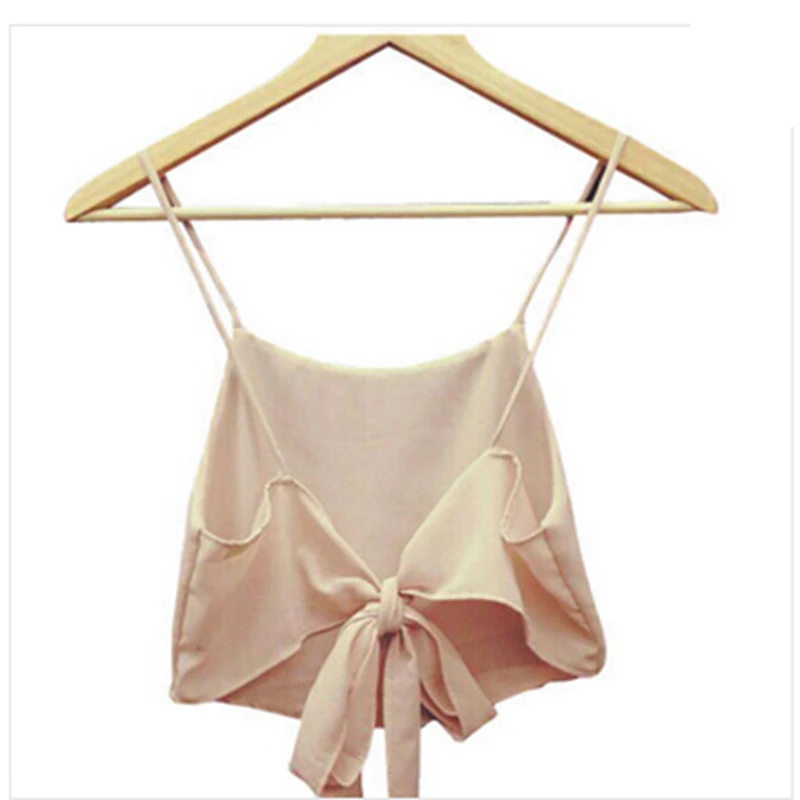 

2018 Women New Fashion Sexy Solid Sleeveless Backless Camisole Summer Spaghetti Strap Hollow Out Bow Short Camis Tops Hot
