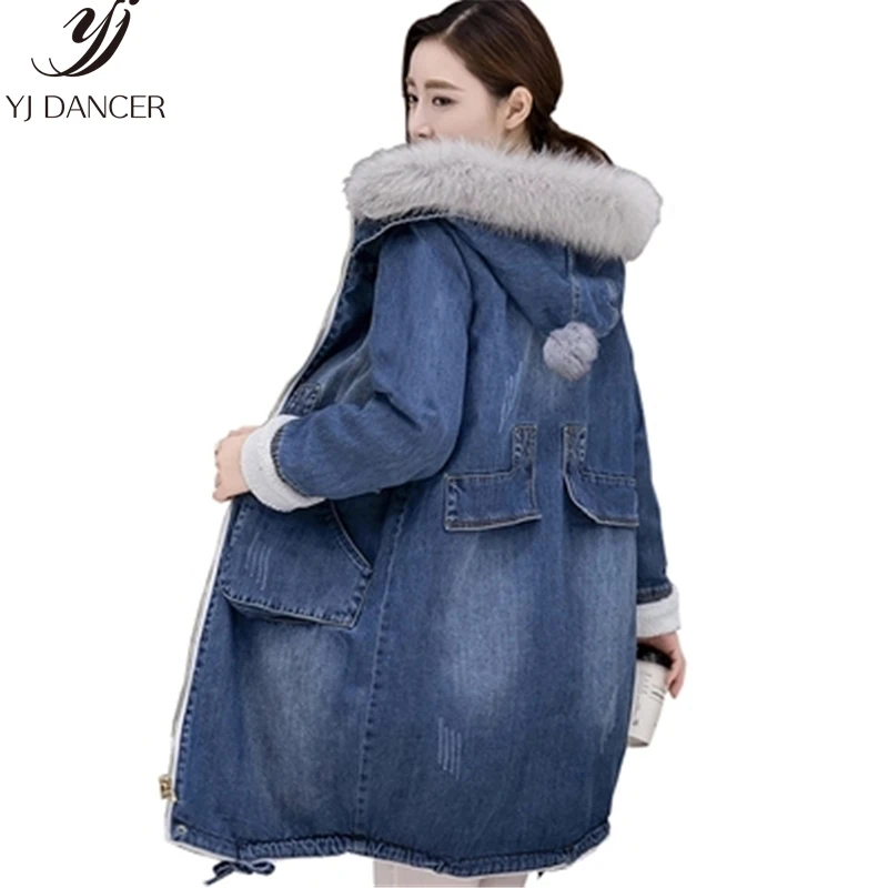 

Winter Jacket Female 2018 Fashion New Denim Coat Large Size Long Section Plus Velvet Thick Winter Hooded Fur Collar Coat HJB307
