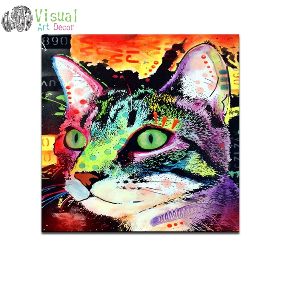 Canvas Wall Art Abstract Cat Colorful Painting Prints Lovely Pet Canvas 20"x20" Animals Wall Art