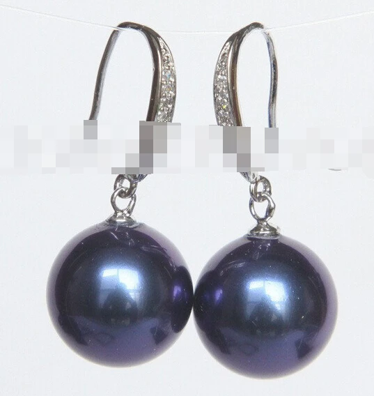 

Hot sell Noble- hot sell new - wb00649 Dangle 14mm round navy blue south sea shell pearl Earrings 925 silver