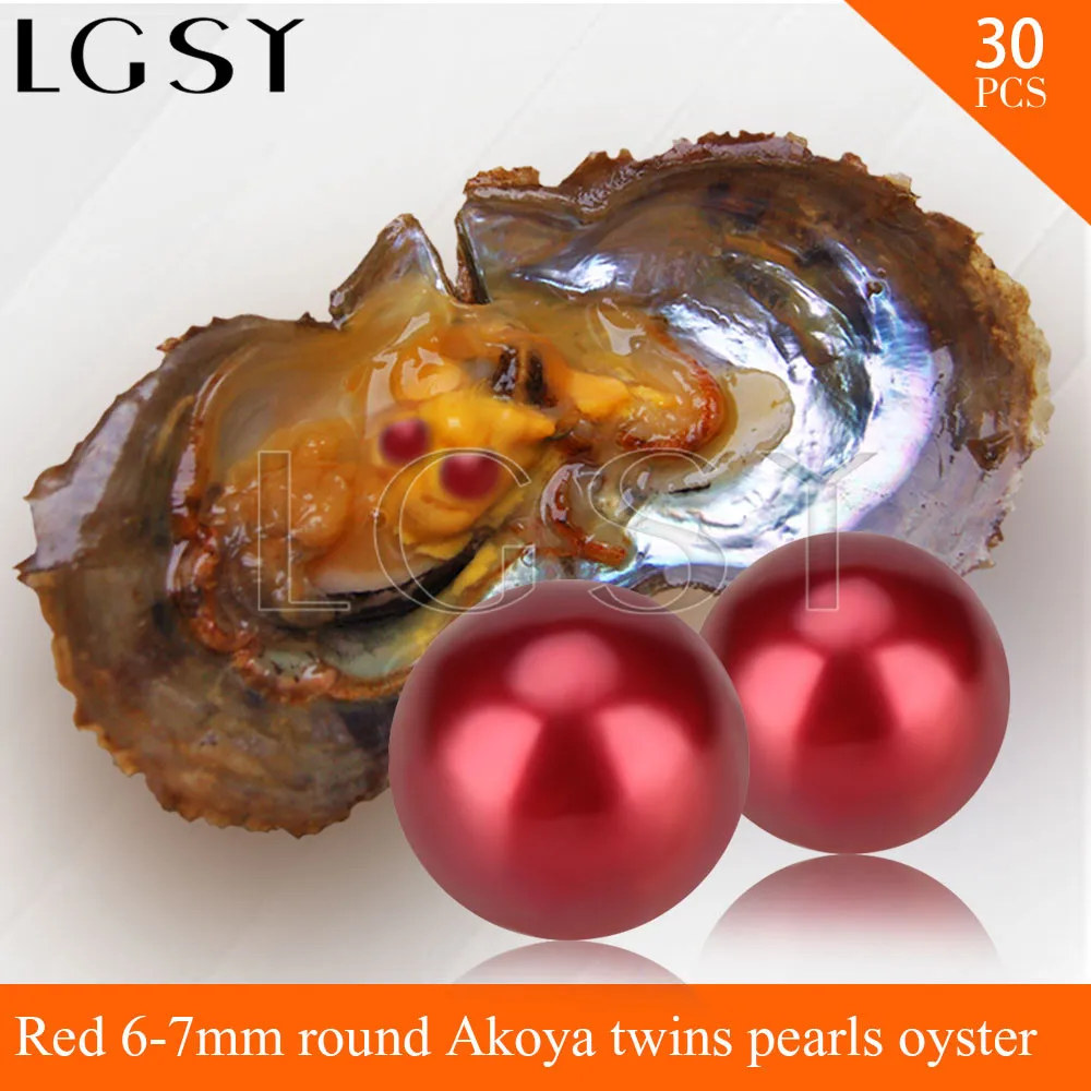 LGSY FREE SHIPPING Bead Red 6-7mm round Akoya twin pearls in oysters with vacuum package for women jewelry making 30pcs