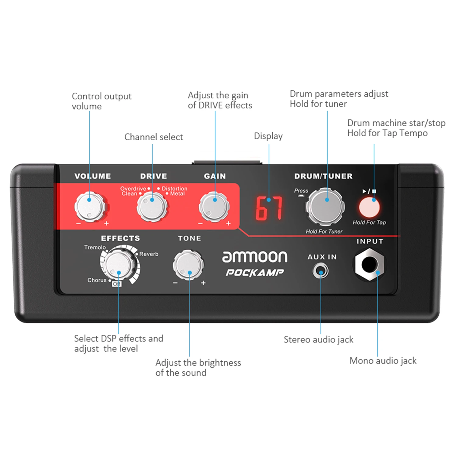 Ammoon POCKAMP гитарный усилитель 5 Вт встроенные мульти-эффекты 80 барабанные ритмы поддержка тюнер Tap темп функции гитарный усилитель
