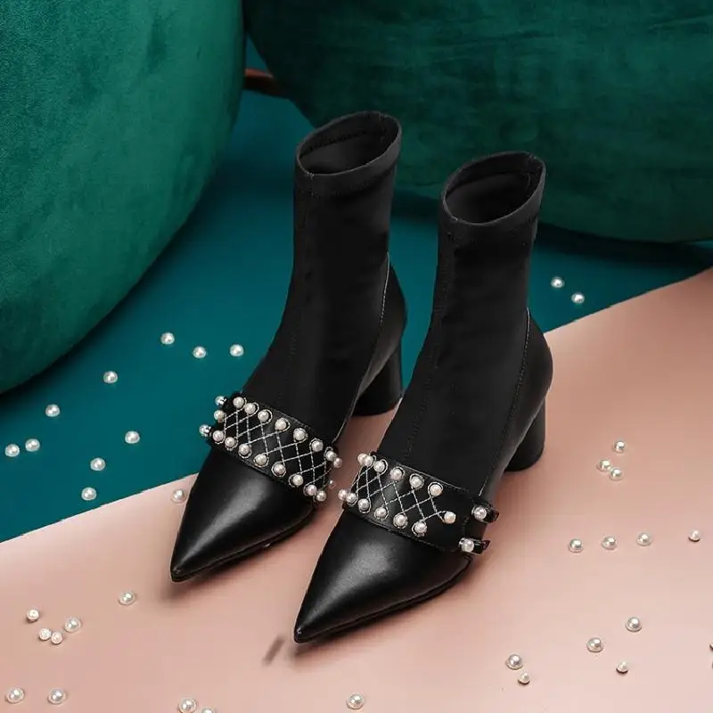 

Pointed Toe Woman Boots Pearl Decor Ankle Boots Short Booties Solid Woman Shoes High Heel Sock Boots Buckle Embellished Shoes