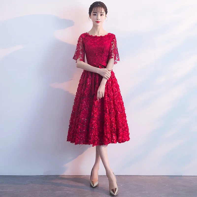 

Dark Red Womens Wedding Party Dress O-Neck Evening Cheongsam Oriental Elegant Lace Qipao Long Gowns Retro Vestido XS-XXXL
