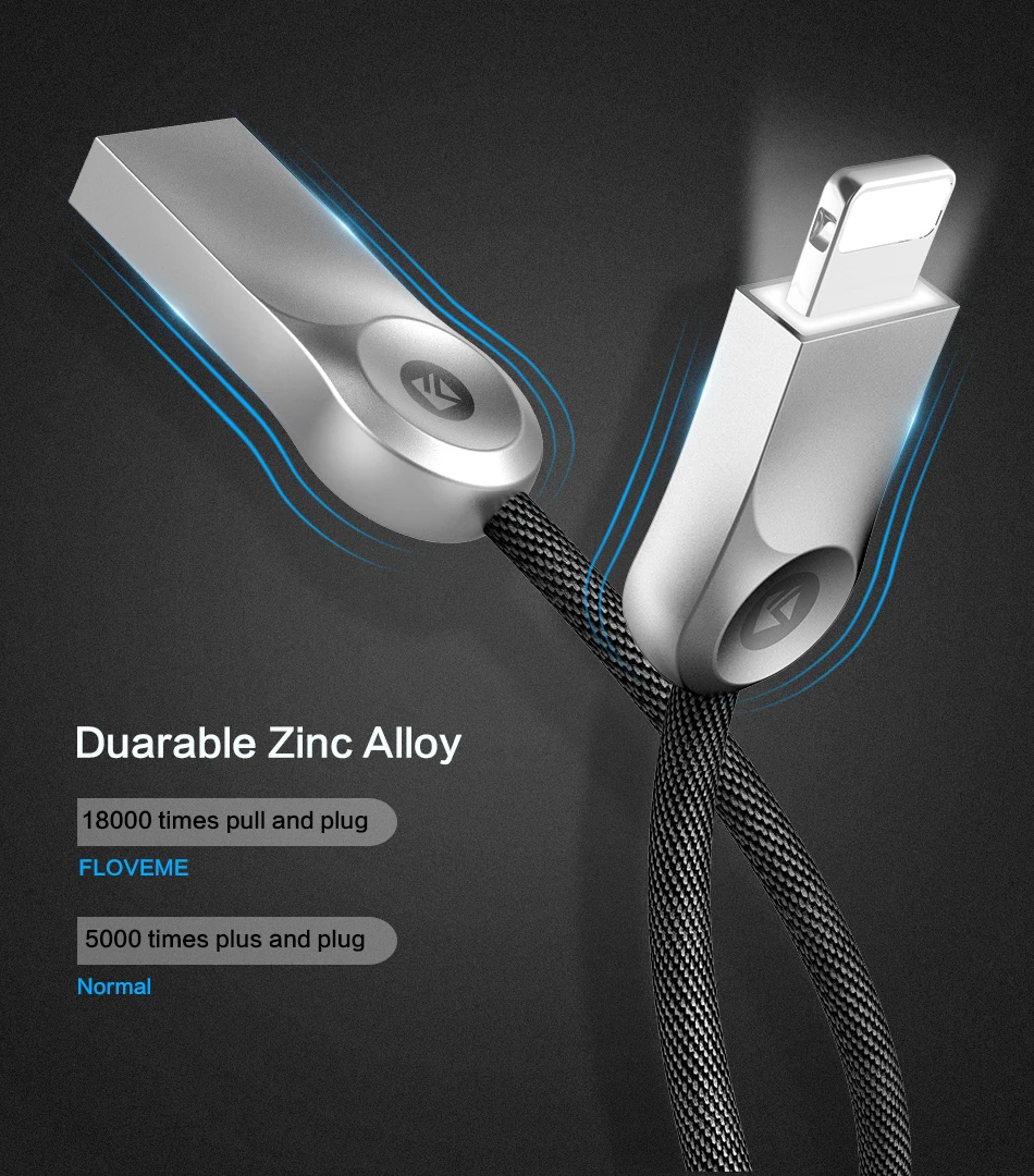 FLOVEME USB кабель из цинкового сплава для iPhone X 8 7 Plus 6 6 S 2.1A светодиодный 1 м нейлоновый плетеный кабель для iPhone X 10 5S SE быстрое зарядное устройство