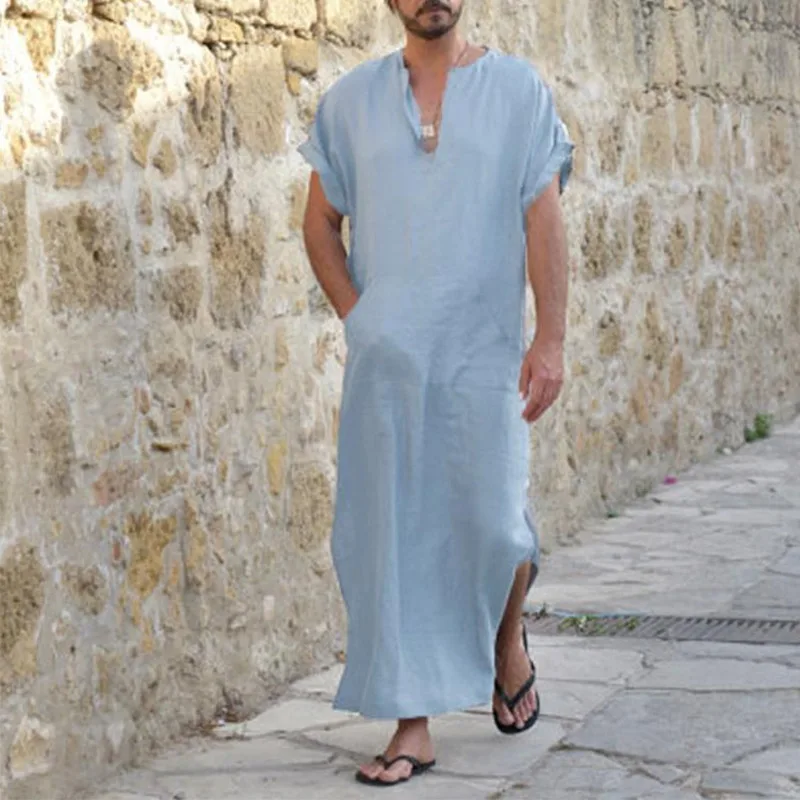V-образный вырез с коротким рукавом Свободный Мужской исламский халат мусульманский Арабский Кафтан размера плюс Мужская Ночная рубашка одноцветная Повседневная летняя мужская одежда