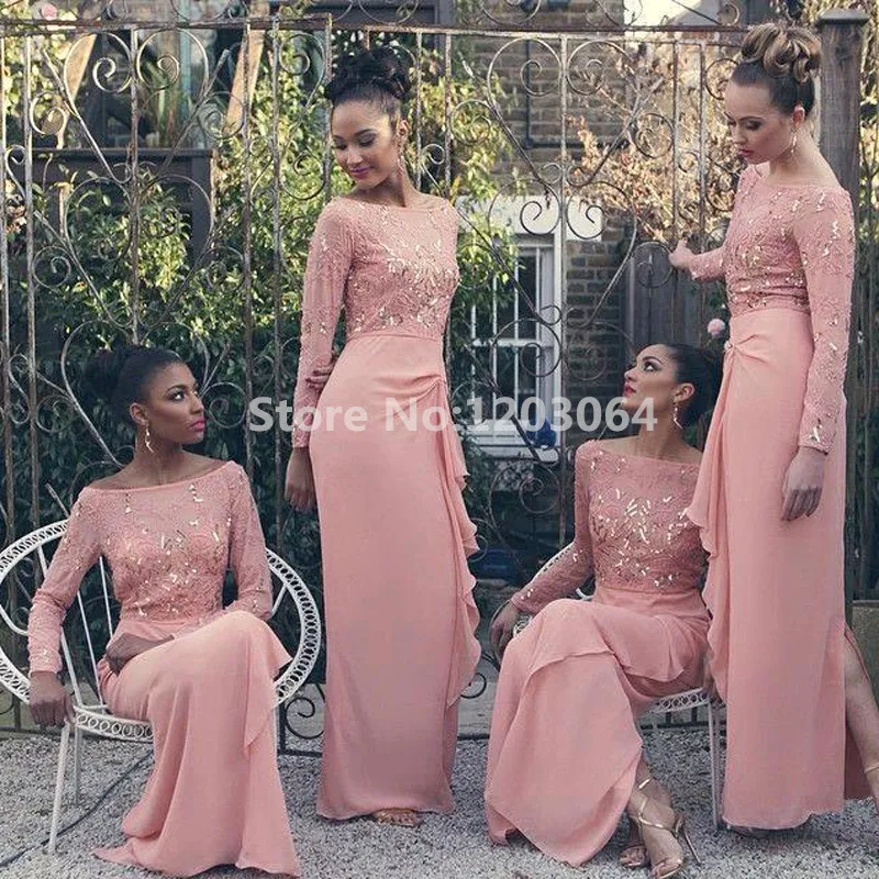 Rosa a maniche lunghe inverno abiti da damigella d\u0026#39;onore di lunghezza  del pavimento scoop 2016 moda elegante bordatura in pizzo guaina vestito  nuziale su ordine|dress jack|dress lace sleevesdress christening -  AliExpress