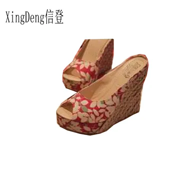

XingDeng Ladies Printed Flowers Peep Toe Sandals Slipper Shoes Plus Size 30-43 Women Bohemian Wedge Sandal