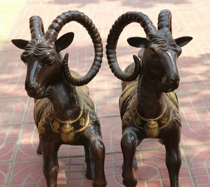

JP S62 20" Chinese Fengshui Bronze Zodiac Year Sheep Goat Coin Money Wealth Statue Pair Discount 35%