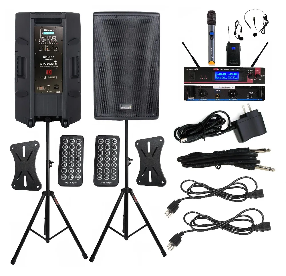 

STARAUDIO Dual Active Speakers 15" 4000W PA DJ Powered Speaker Stage Stands 2CH UHF Wireless Handheld Headset Microphone SHD-15
