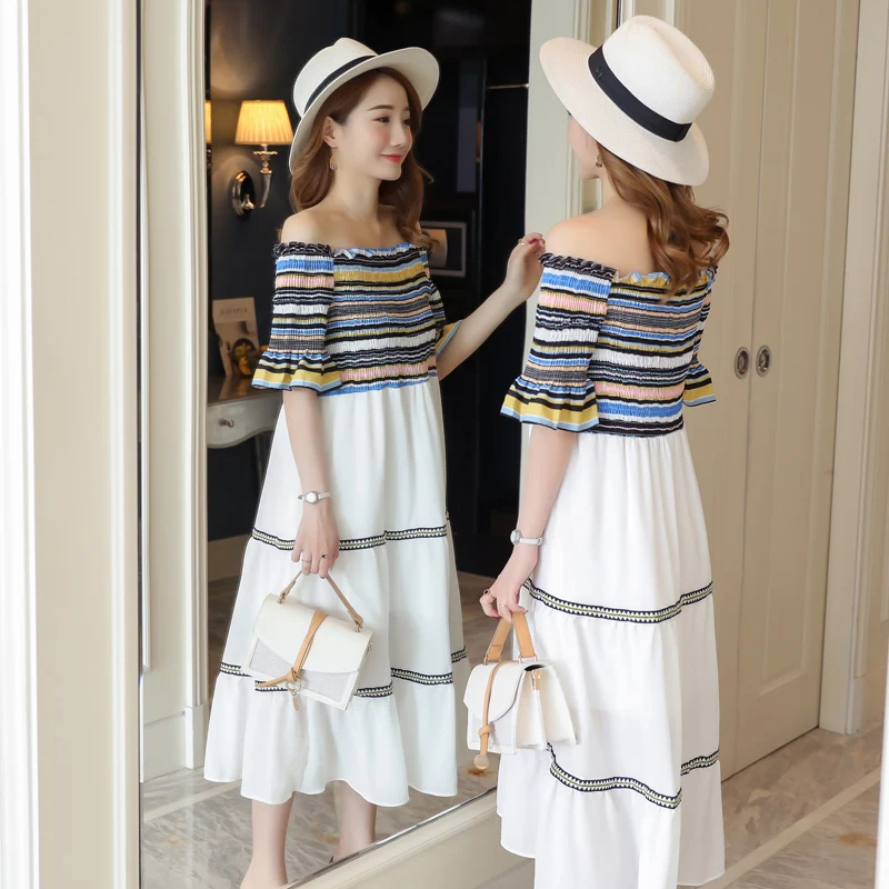 

2018 Summer New Striped Patchwork Chiffon Sexy Dresses for Pregnant Women Off the Shoulder Maternity Dresses Sexy A-line