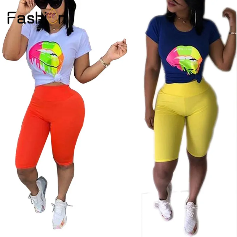 

Women Summer Two Piece Set Sexy Short Sleeve Crop Top High Waist Stretch Shorts Workout Fitness 2 Pieces Sets Big Lips Print