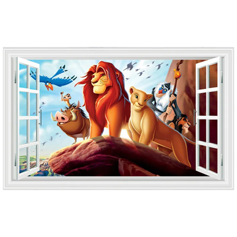

Lion cartoon wall art mural the King of Animals fake 3d window vinyl stickers kids room decoration movie poster 90*60cm 4 styles