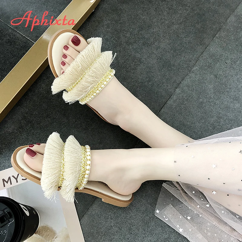 Aphixta/женские шлепанцы на плоской подошве с бахромой Женские вьетнамки из